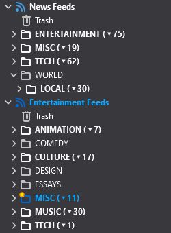 An example of my feed organization, showing separate news and entertainment accounts in Thunderbird