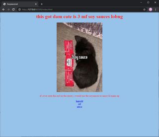 A simple website titled “3soysaucecat”. It has a header, an image of a cat 3 soy sauce packets long, a short line of text, and three links.